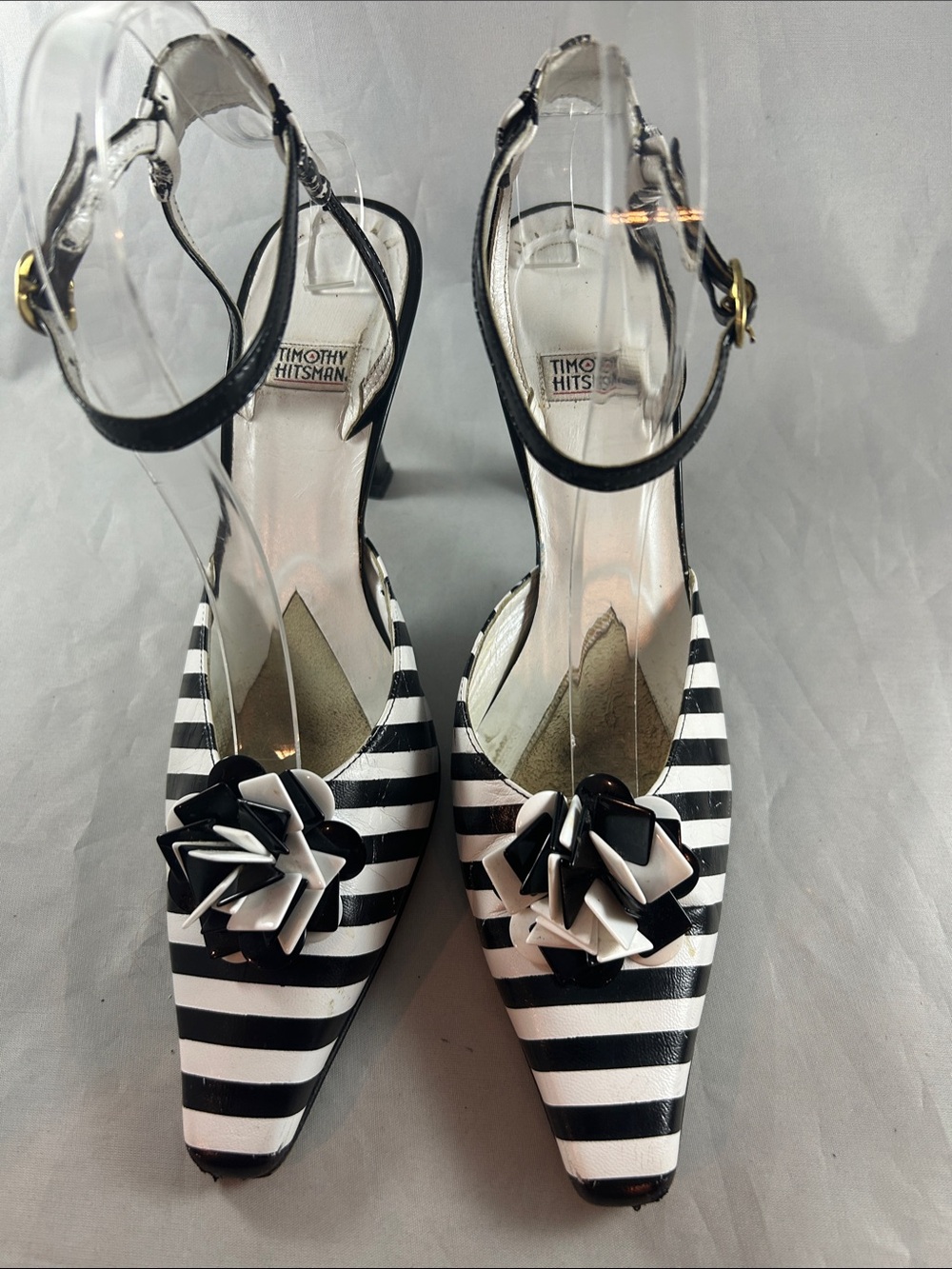 Timothy Hitsman Black & White Striped Pointed Toe Slingback Heels
